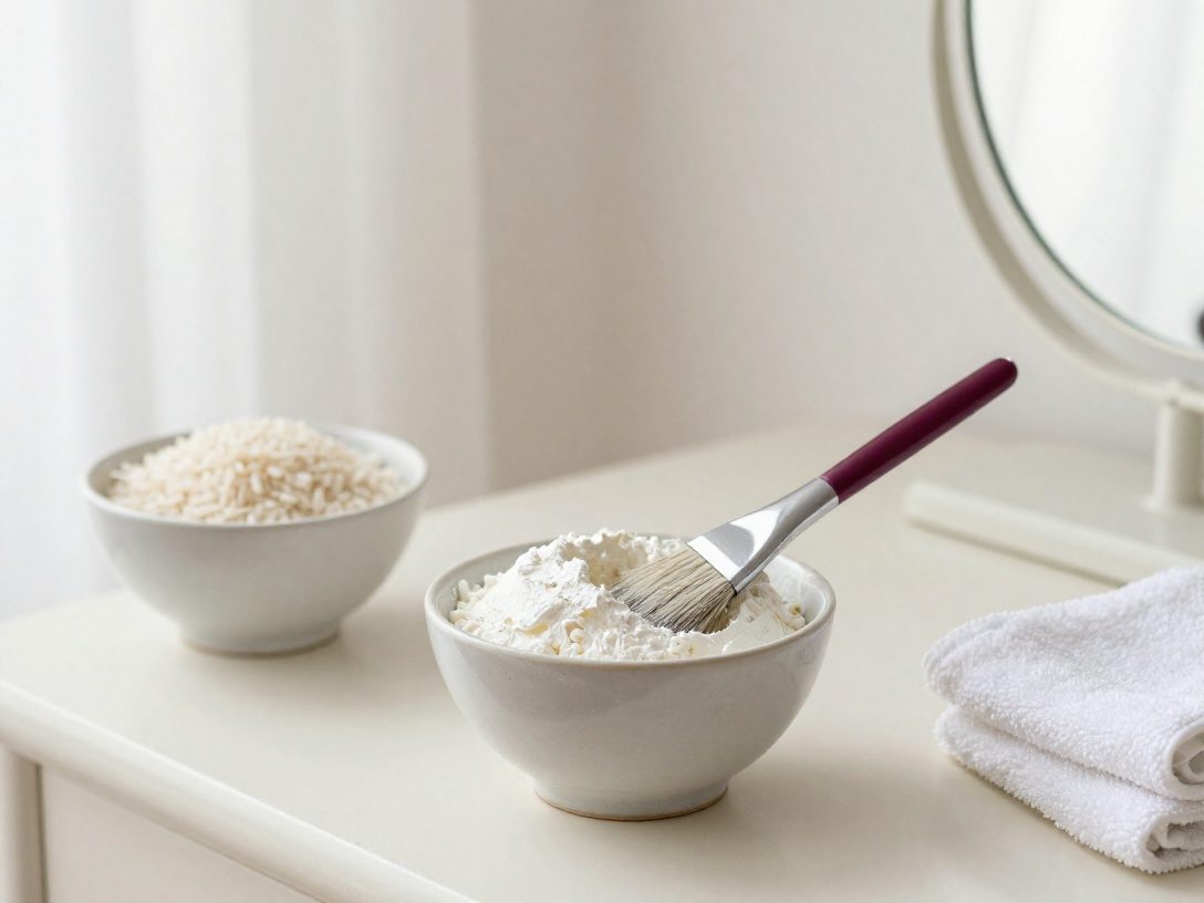 A bowl of rice mask, raw rice and a white towel on a vanity