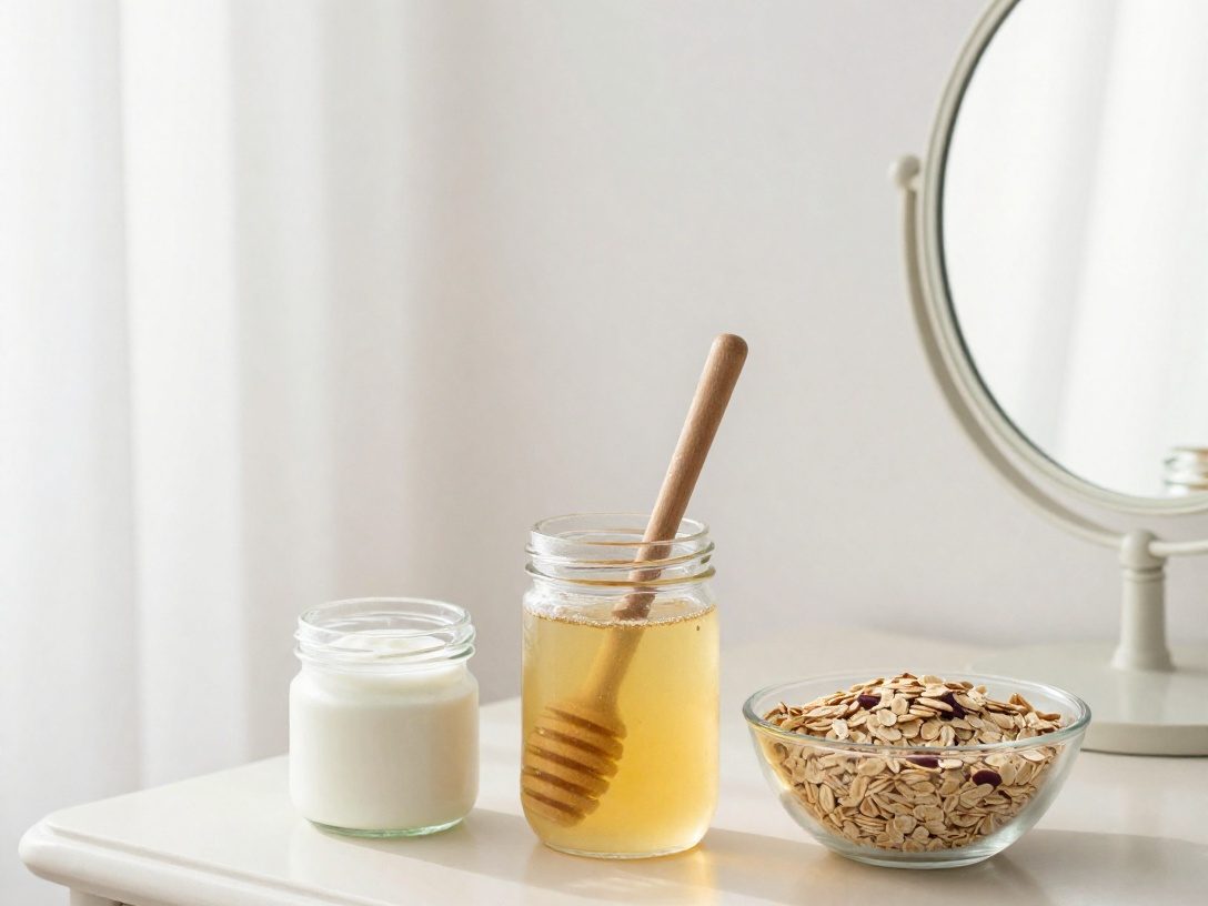 A jar of honey, plain yogurt and a bowl of oats