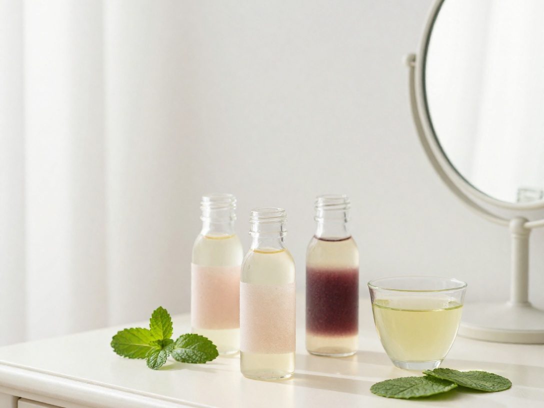 Bottles of homemade toner, green tea and cucumber