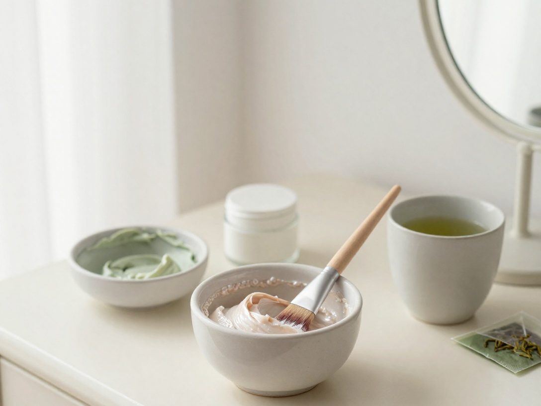 A bowl of creamy rice and green tea mask with a brush